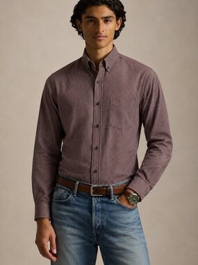 American Eagle Outfitters Men's Burgundy Striped Button-Down Shirt